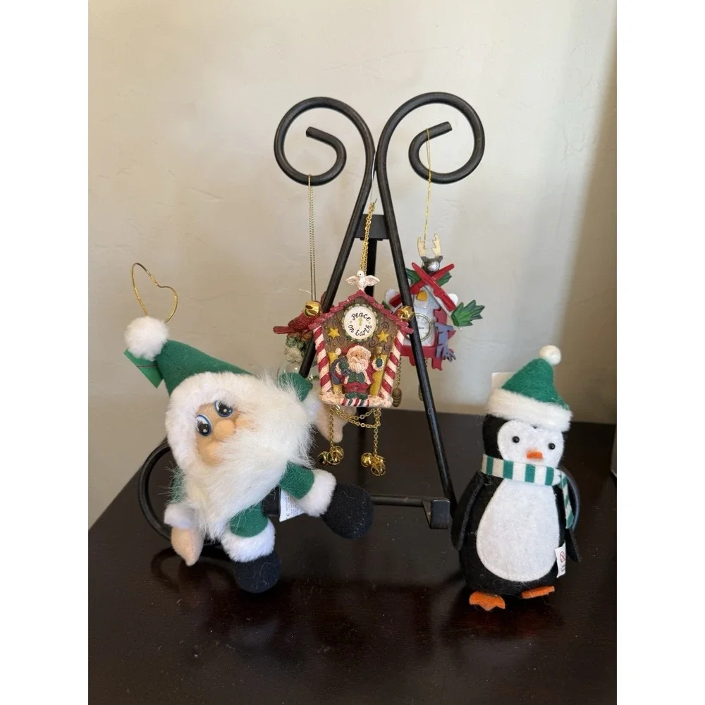 Lot of 5 Christmas Ornaments VTG Red Green Santa & Snowman Plush Music Box Clock